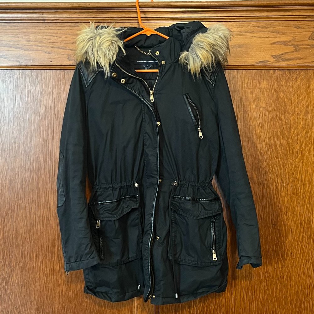 French Connection Black Faux Leather Trim Parka Jacket Women's Sz. M